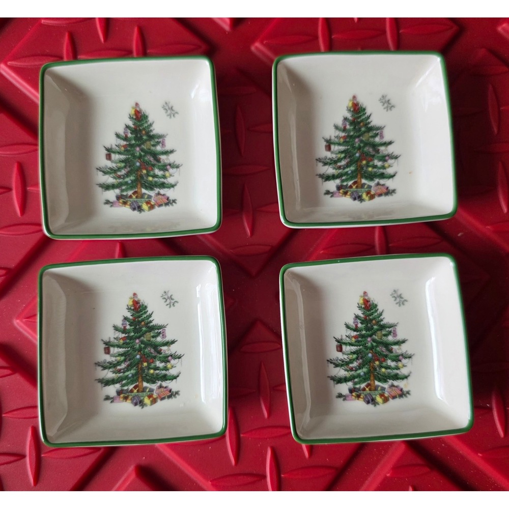 Spode Christmas Tree Square Appetizer Plates 4 set S3324 A22 Green Trim Ceramic